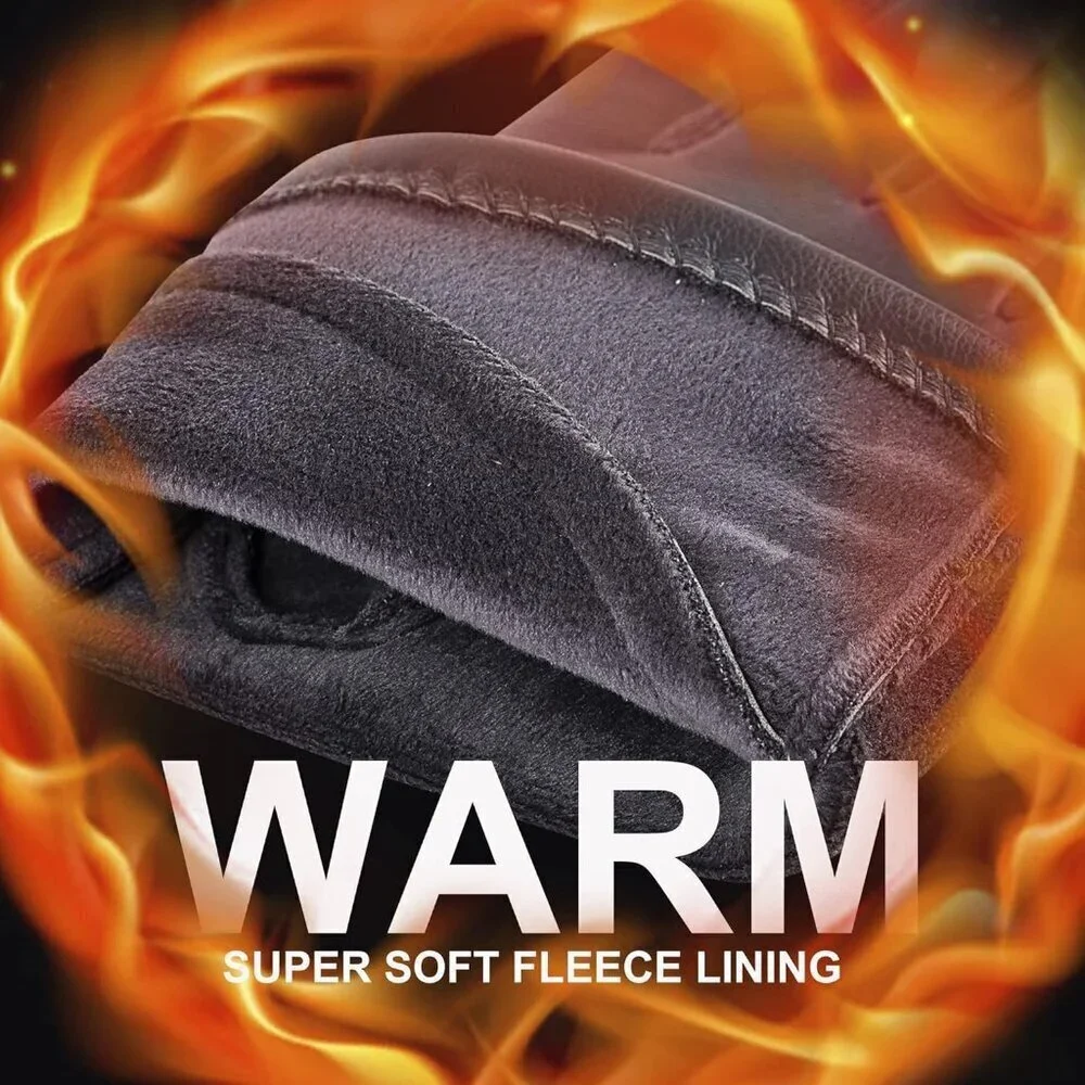 Women's Grey Winter Leather Suede Gloves Wool Lined Windproof Touchscreen